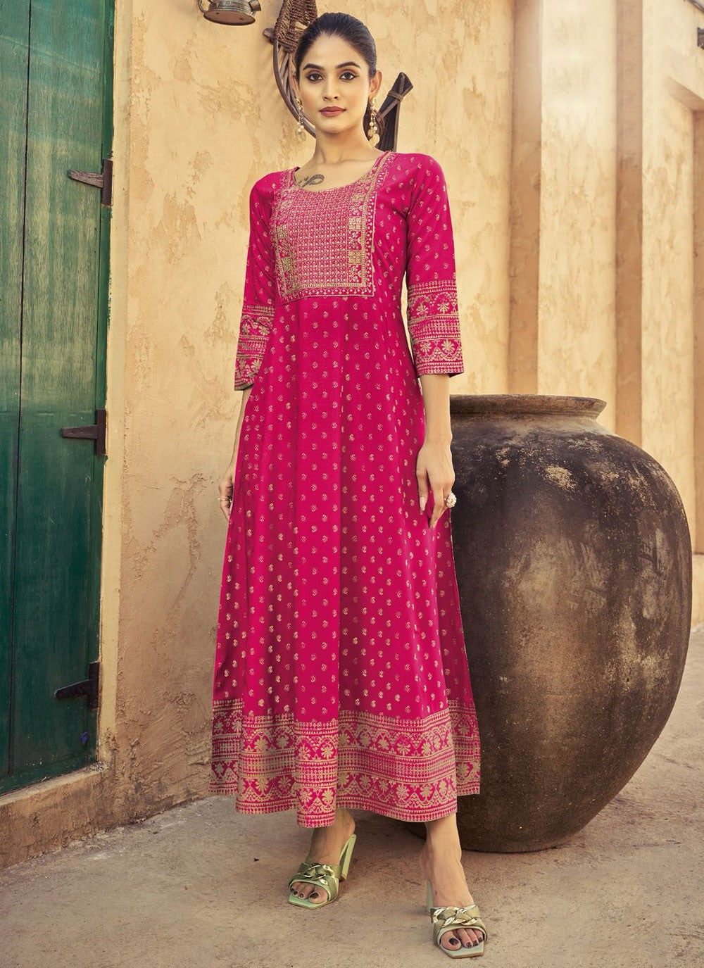 Embroidered Rayon Hot Pink Gown G19842