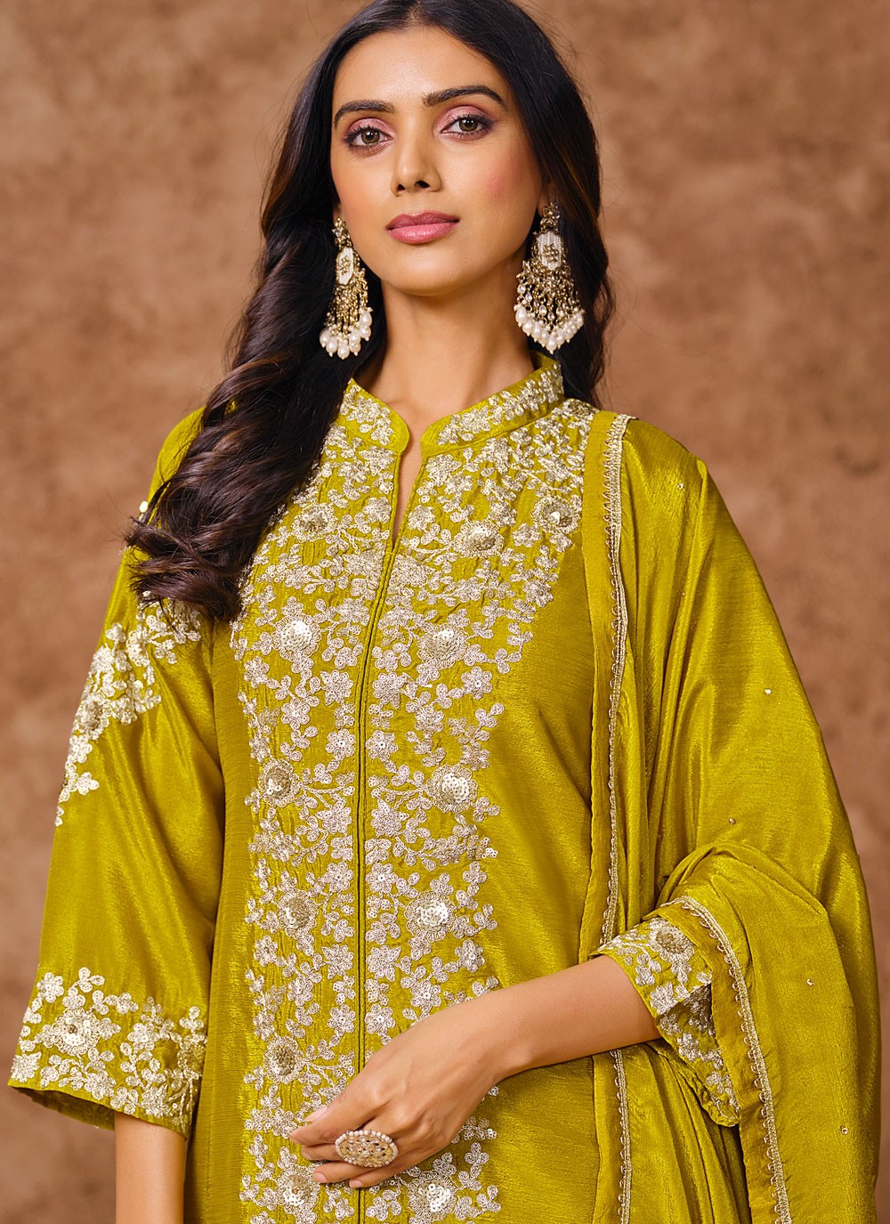 Salwar Suit Embroidered Green, Mustard Chinon T5740