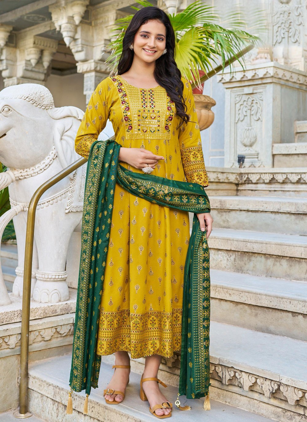 Embroidered Rayon Green Gown G19834