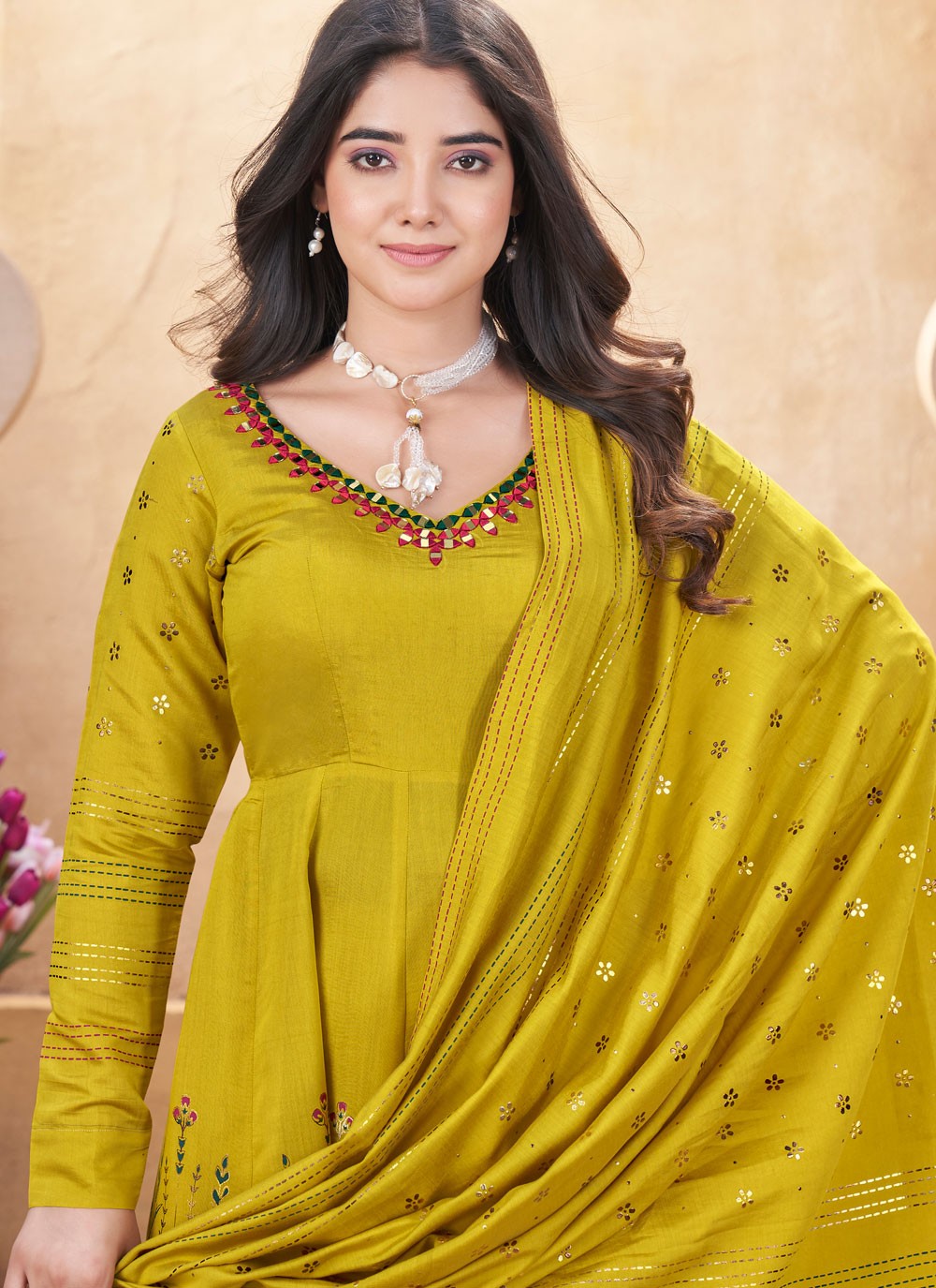 Salwar Suit Foliage Prints Green, Mustard Silk T5603