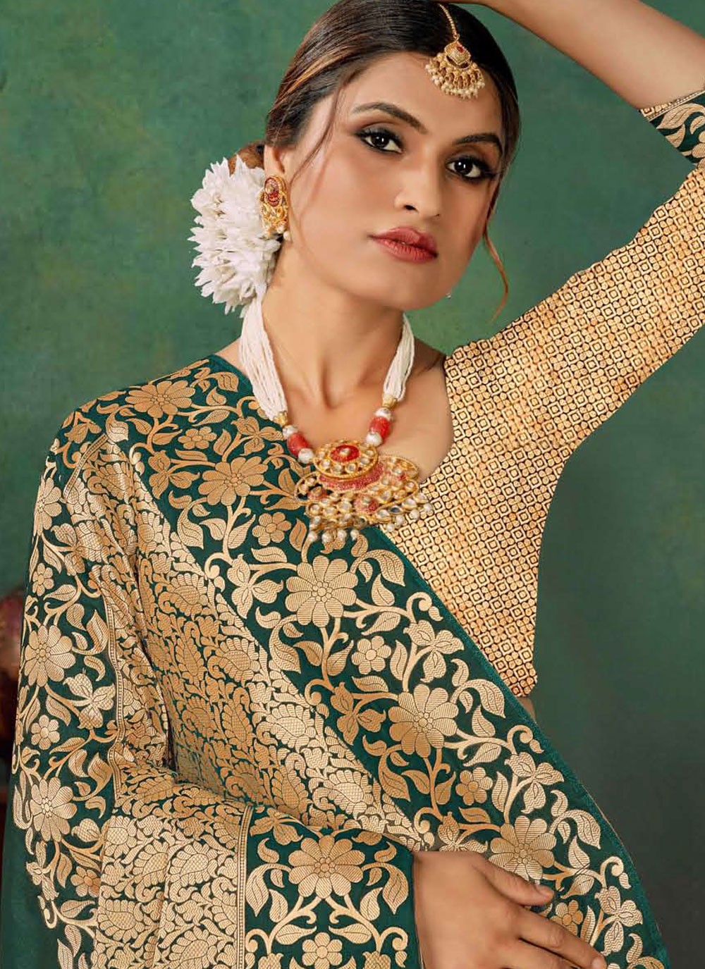 Designer Jacquard Work Green, Teal Silk S12888