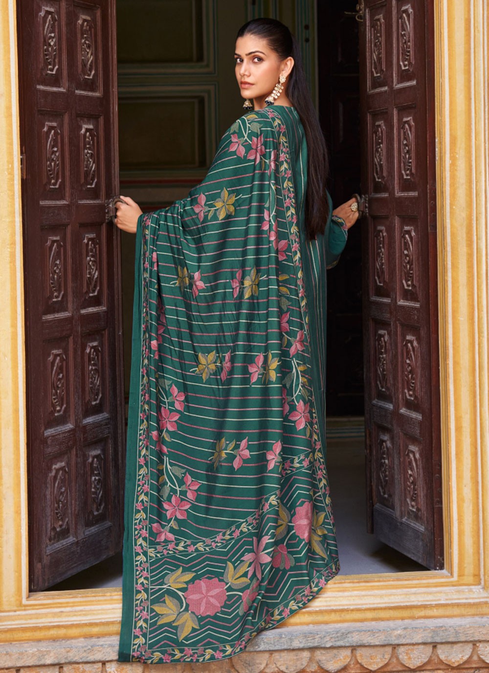 Pant Style Suit Embroidered Green, Teal Muslin T5184
