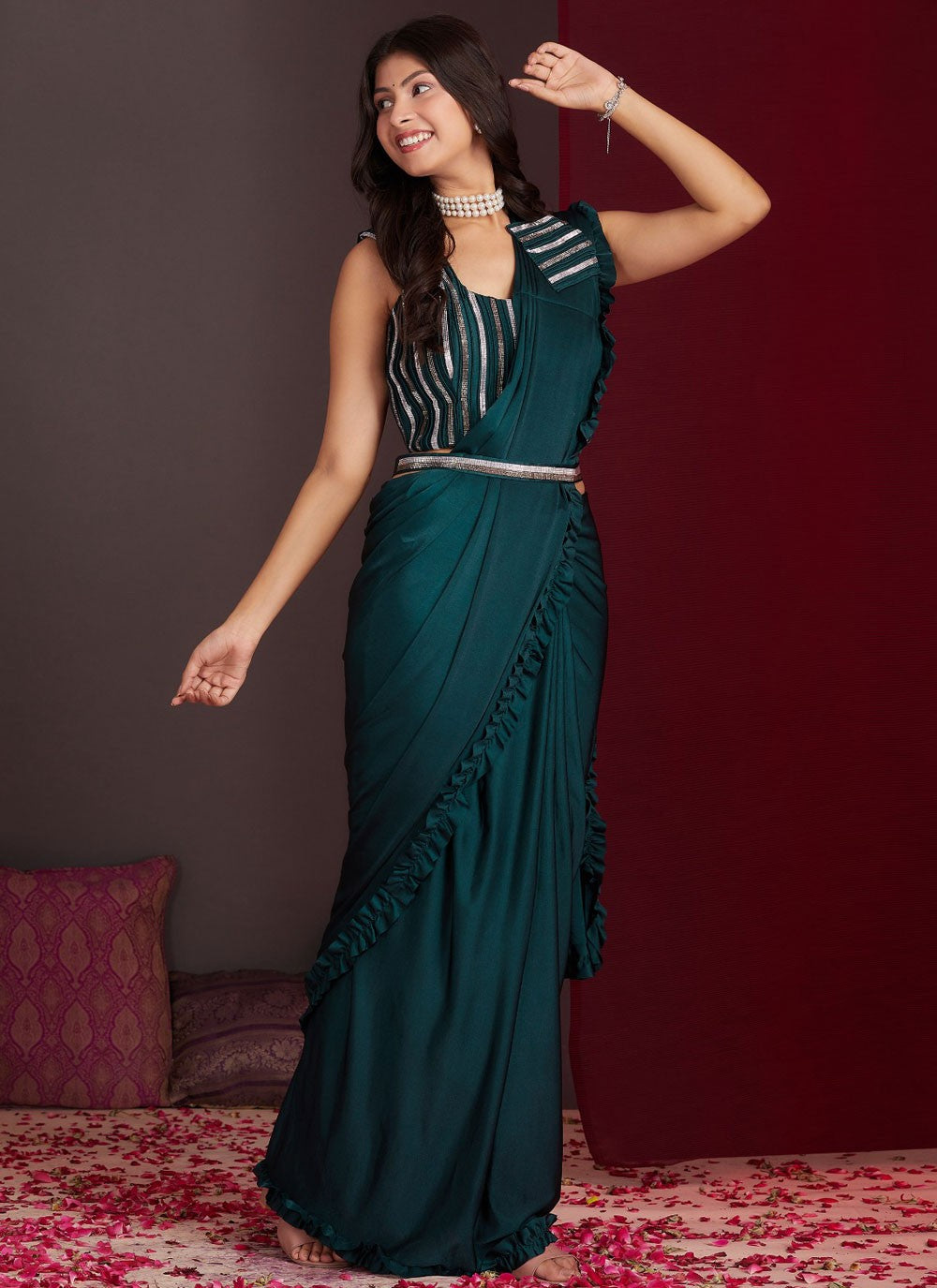 Trendy Saree Plain Green, Teal Lycra Saree S12875