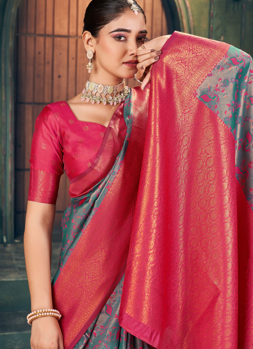 Traditional Weaving Zari Green, Teal Silk Saree S13416