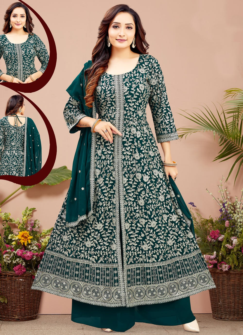 Palazzo Suit Embroidered, Zari Green T6634