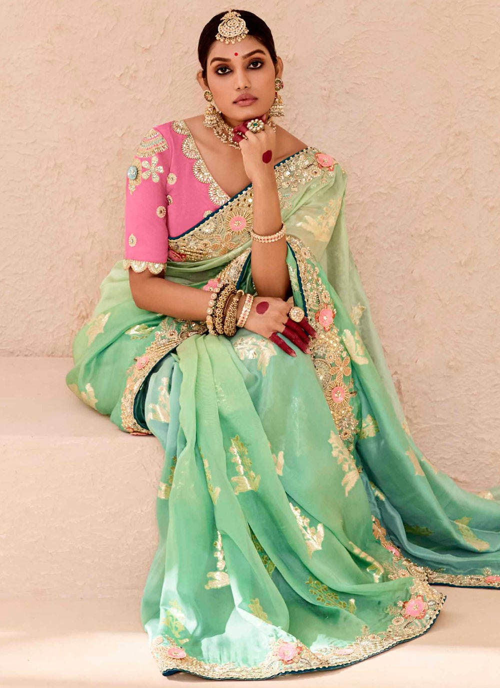 Traditional Embroidered Green, Turquoise Silk Saree S13656