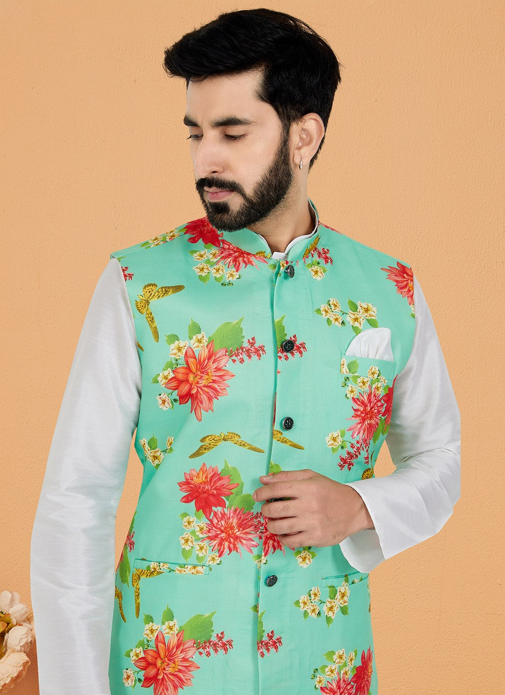 Digital Print Cotton , Dupion Silk Green, White Kurta Payjama With Jacket - M5519