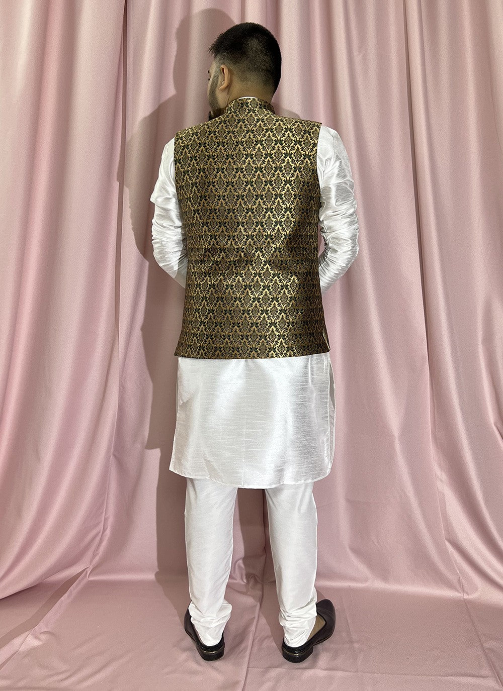 Fancy Work Jacquard, Silk Green, White Kurta Payjama With Jacket - M5886