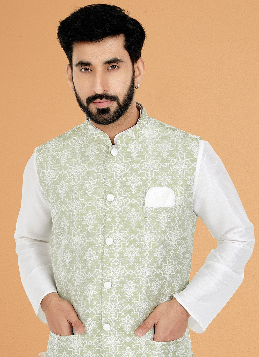 Fancy Work Jacquard Green, White Kurta Payjama With Jacket - M5516