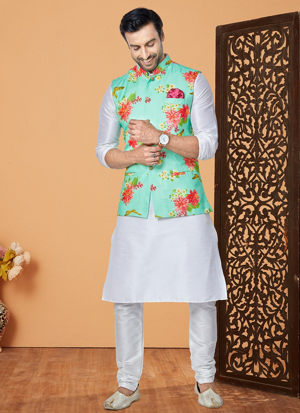 Digital Print Cotton , Dupion Silk Green, White Kurta Payjama With Jacket - M5528