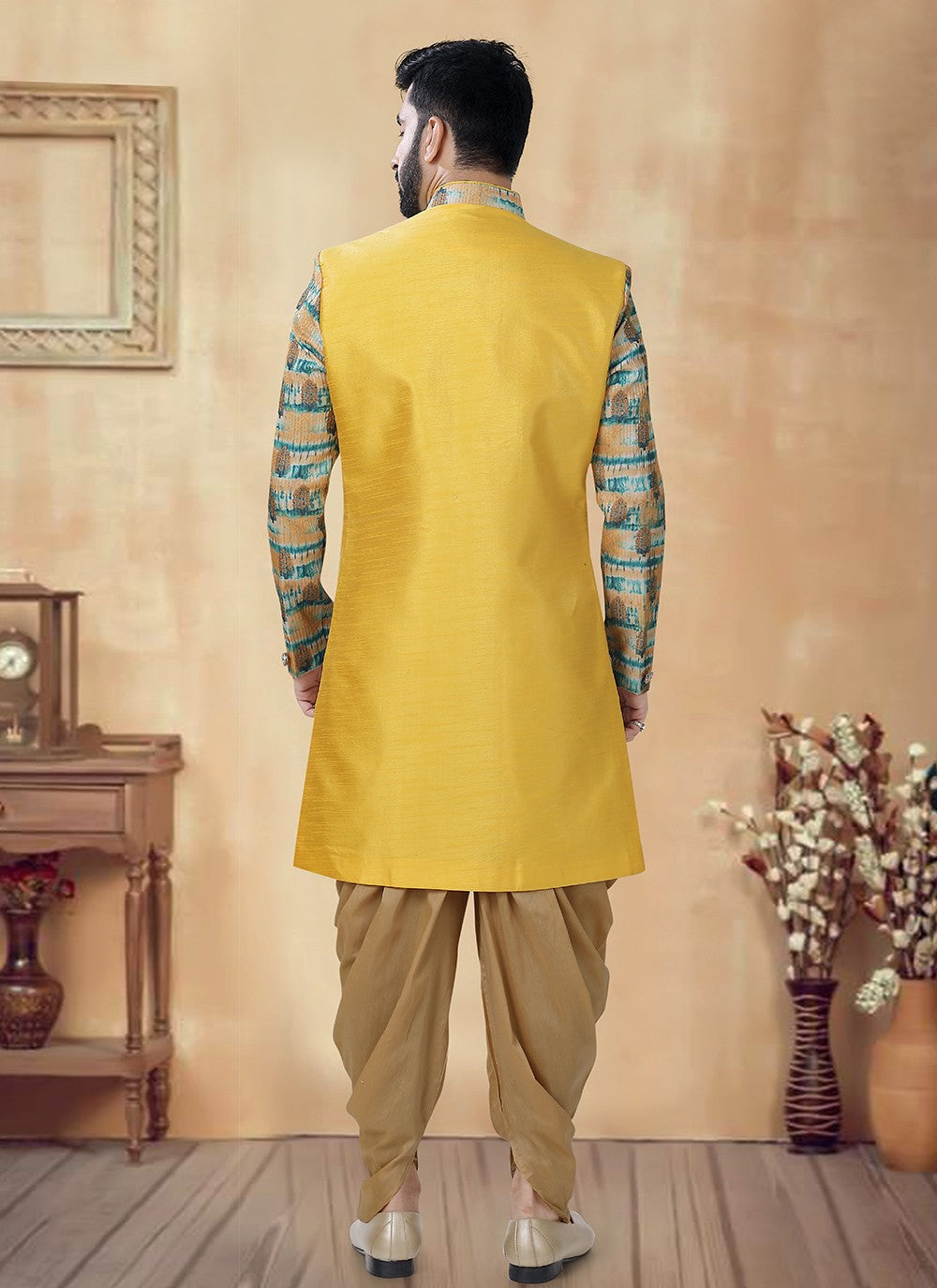 Embroidered Silk Green, Yellow Sherwani - M8505