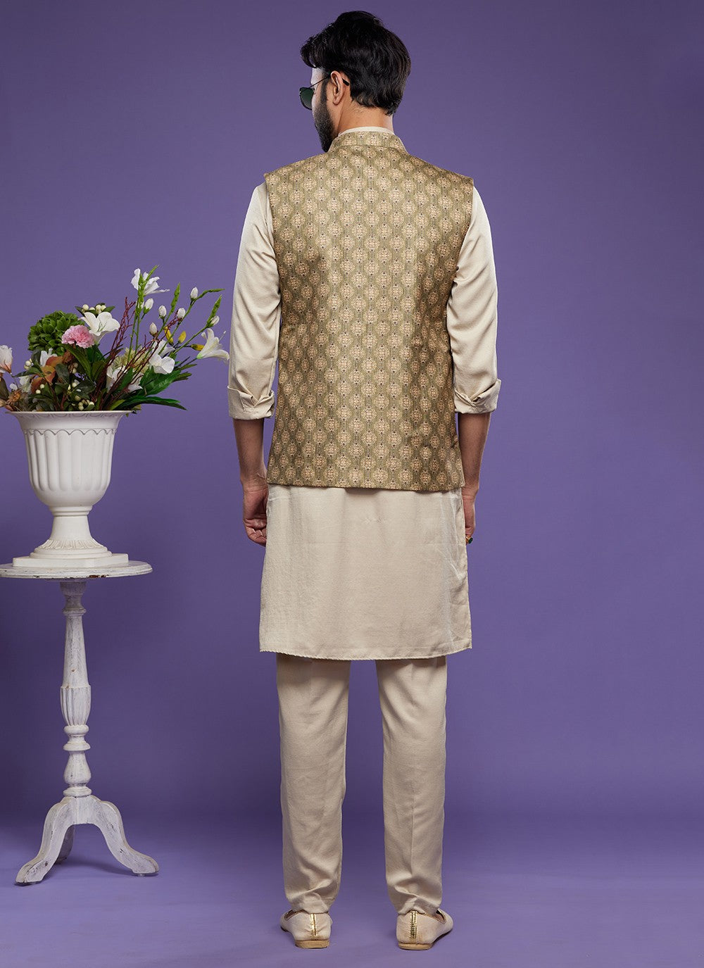 Digital Print Banarasi Silk Green Kurta Payjama With Jacket - M6077