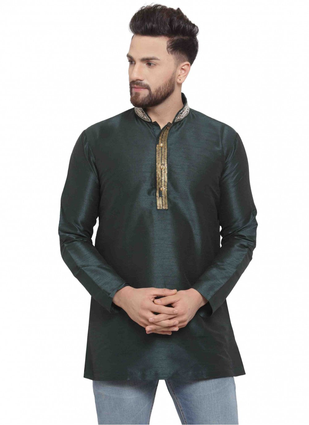 Embroidered Art Dupion Silk Green Kurta - M1699