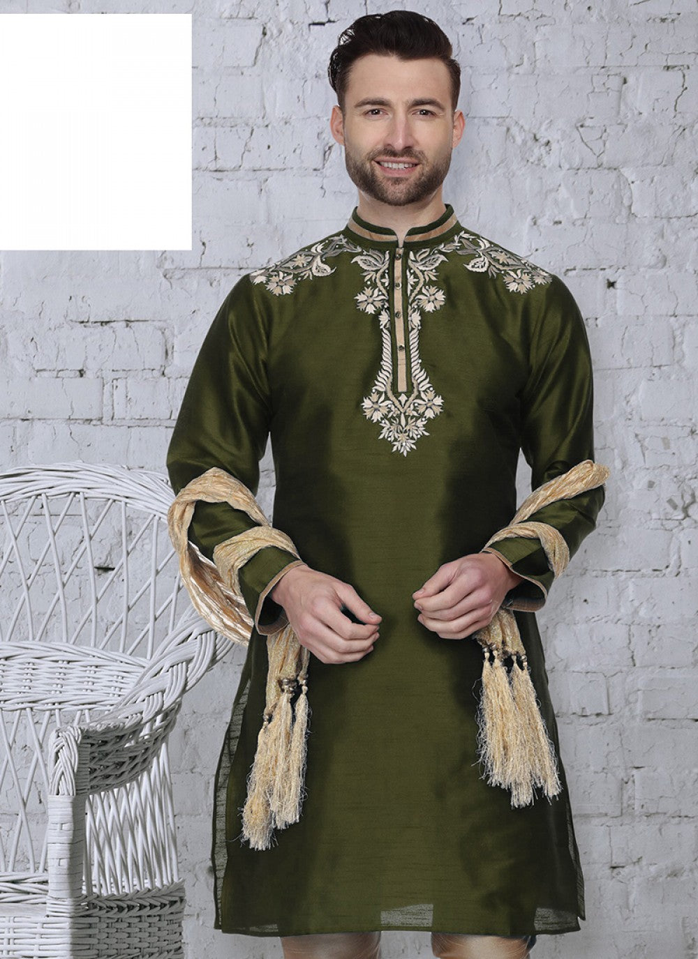 Embroidered Art Dupion Silk Green Kurta - M1470