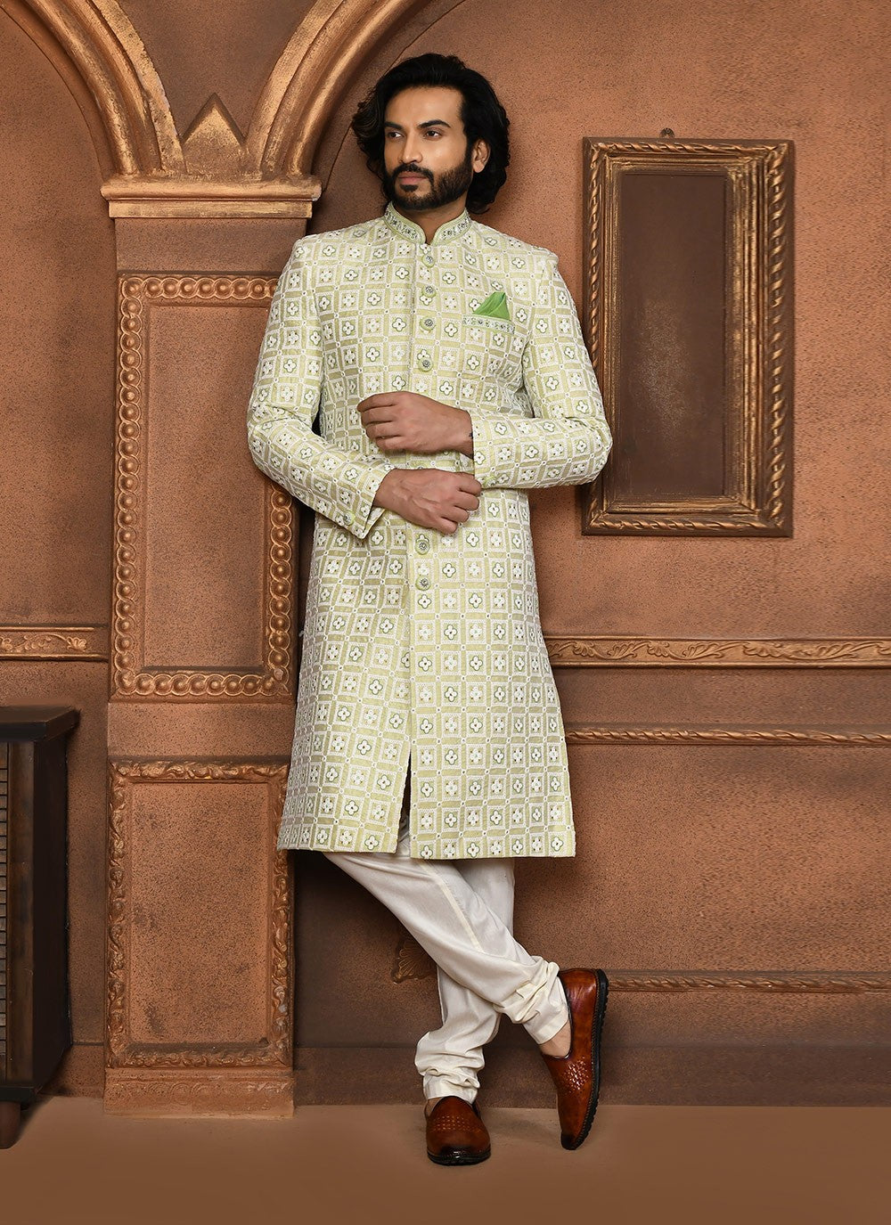 Embroidered Art Silk Green Sherwani - M8058