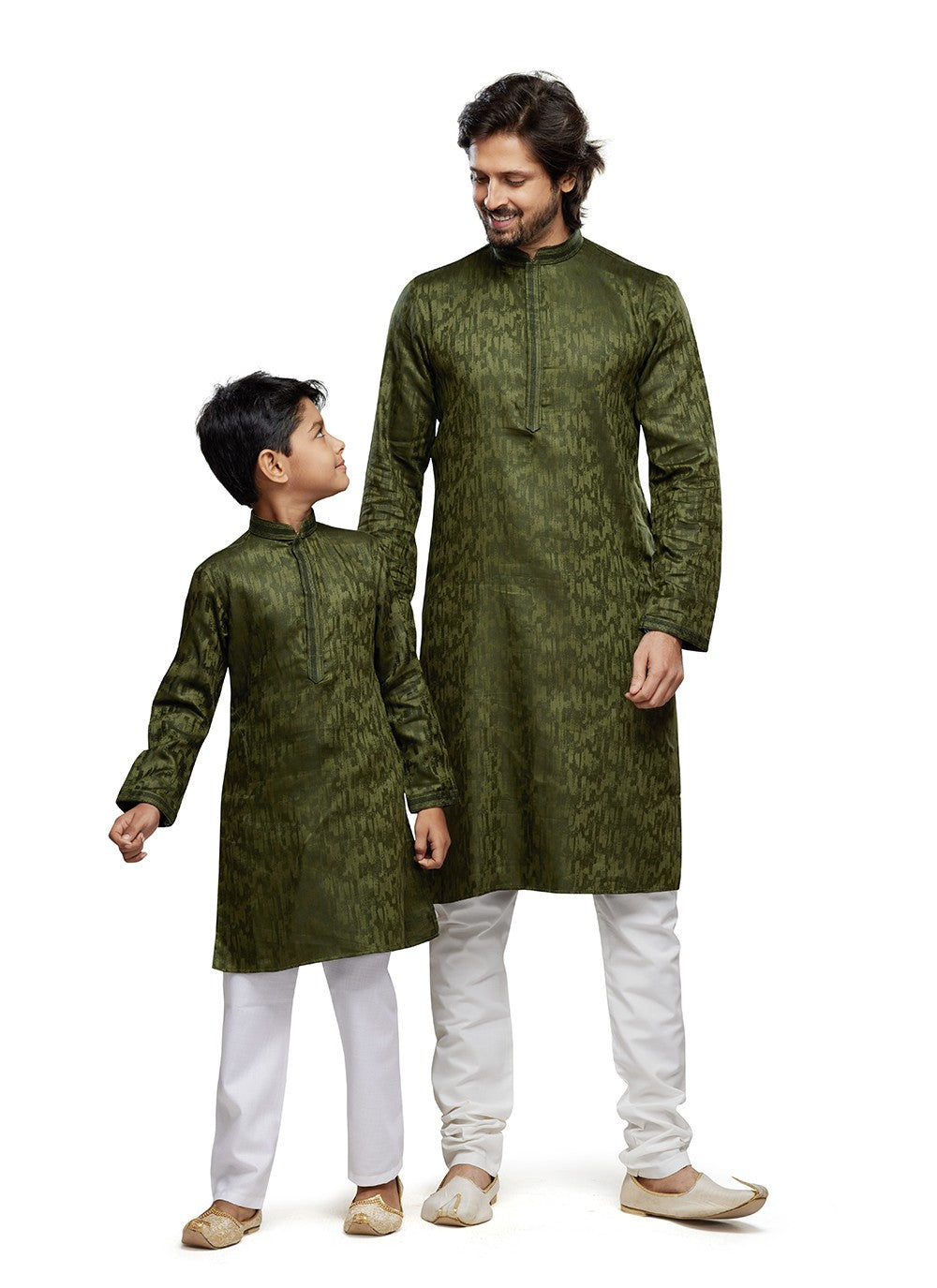 Printed Art Silk Green Men's & Kids Combo - M6820