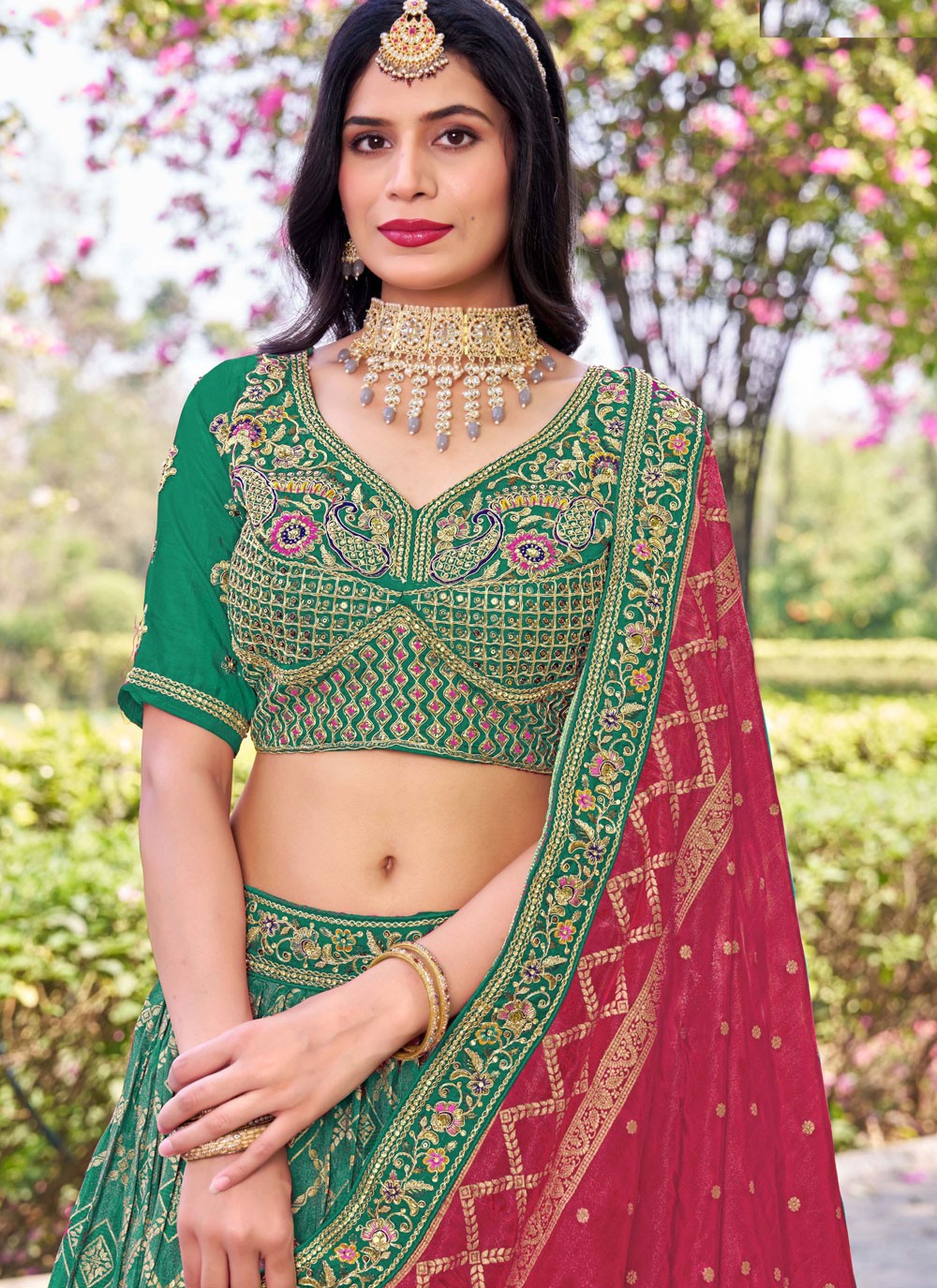Embroidered Banarasi Silk Green Lehenga Choli L3708
