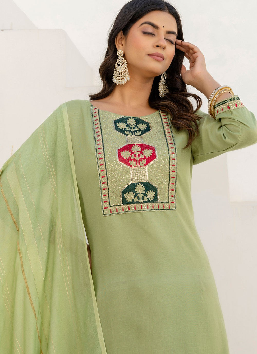 Pant Style Suit Embroidered Green T7692