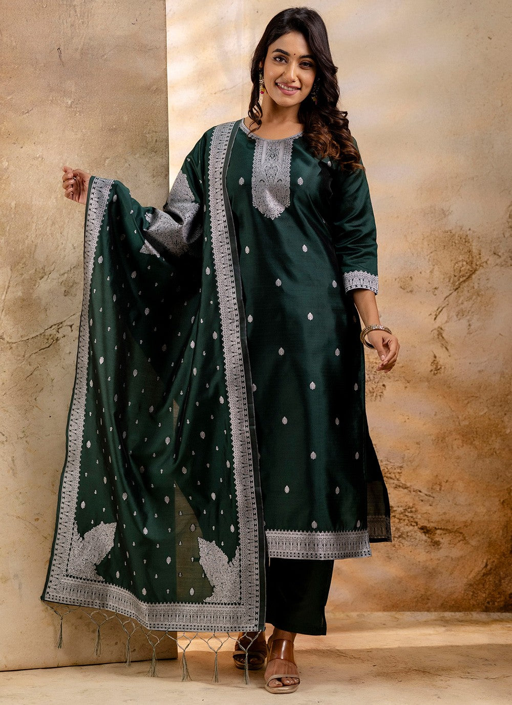 Salwar Suit Jacquard Work, Weaving Zari Green T7355