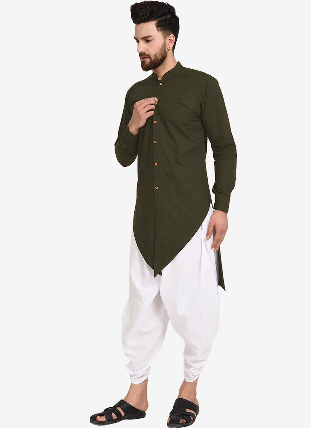 Plain Blended Cotton Green Dhoti Kurta - M4468