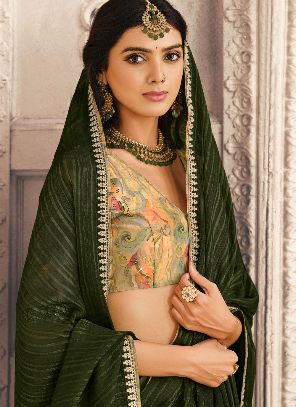 Bollywood Style Border Work Green Silk Saree S13204