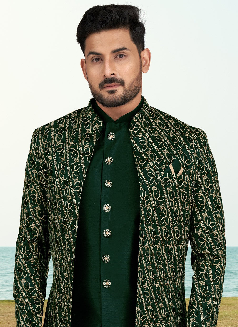 Machine Embroidery Banarasi Silk Green Sherwani - M6772