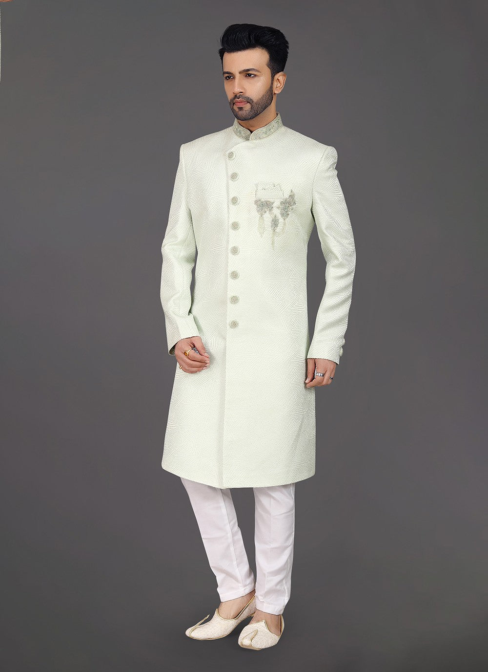 Embroidered Silk Green Sherwani - M8014
