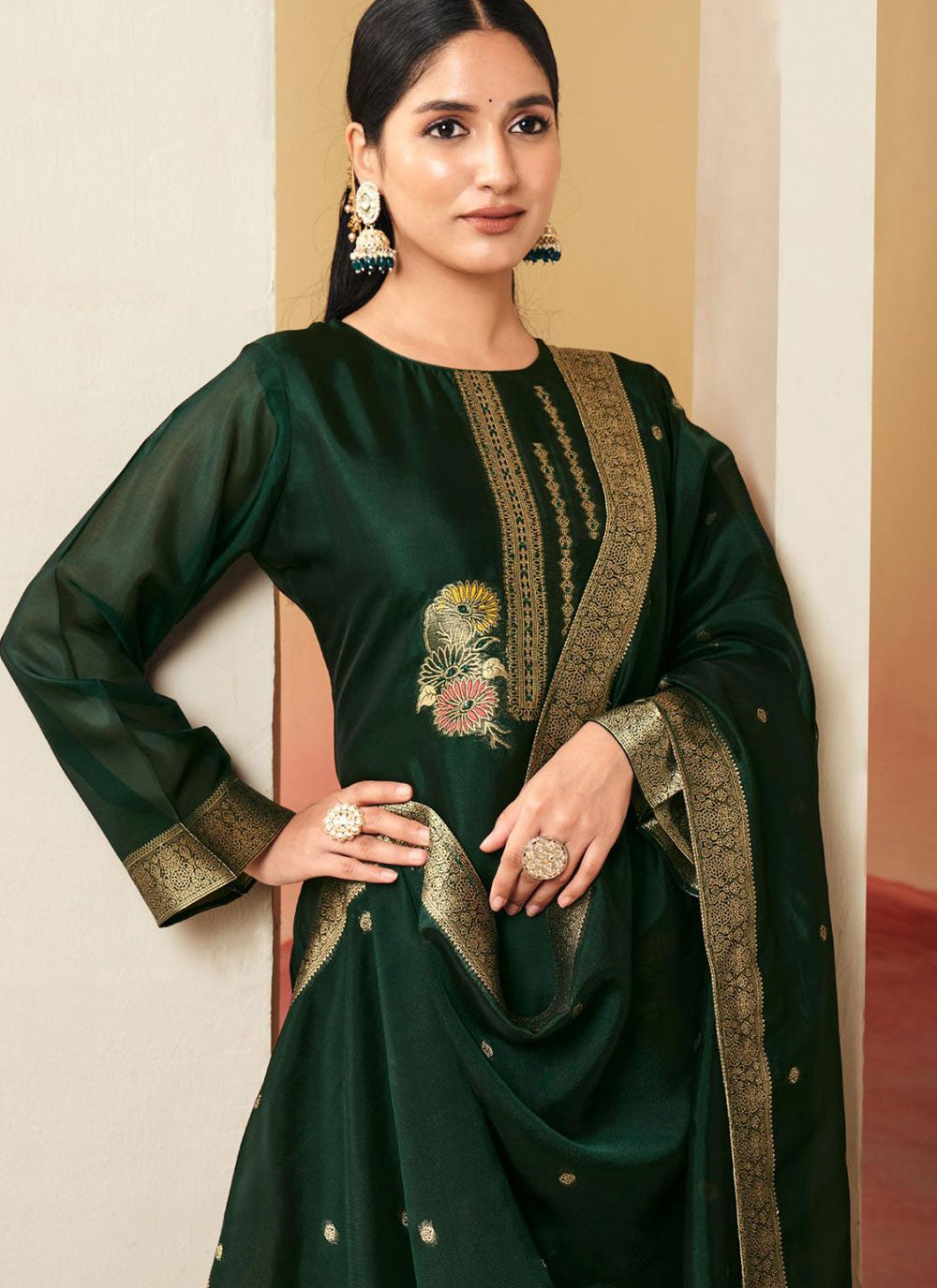 Floral Printed Pure Silk Green Salwar Suit T6618