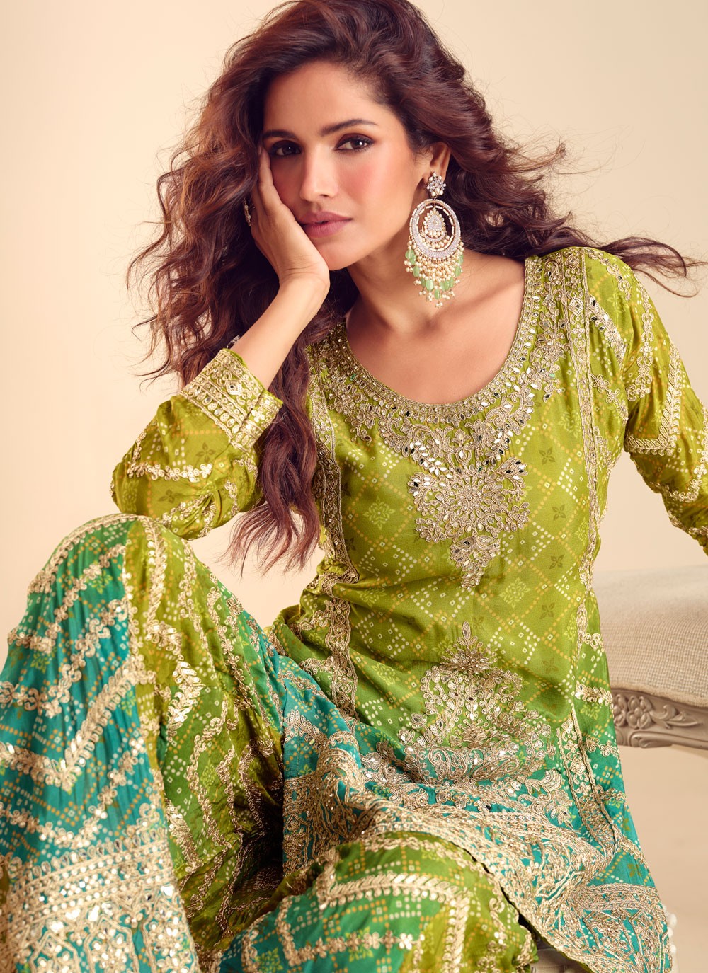 Palazzo Suit Embroidered, Sequins, Zari Green T8559