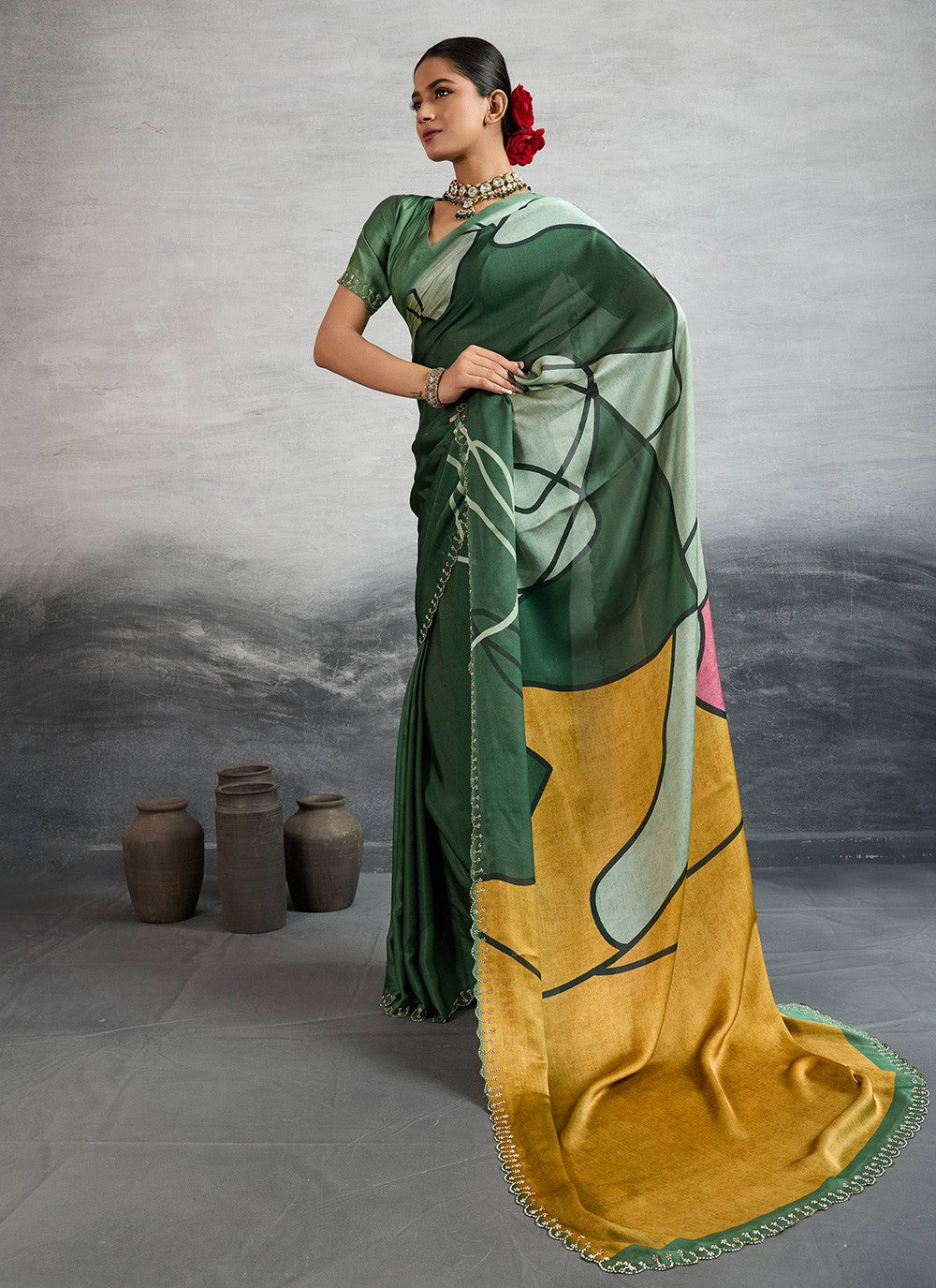 Green Satin Silk Classic Saree Digital Print S18243