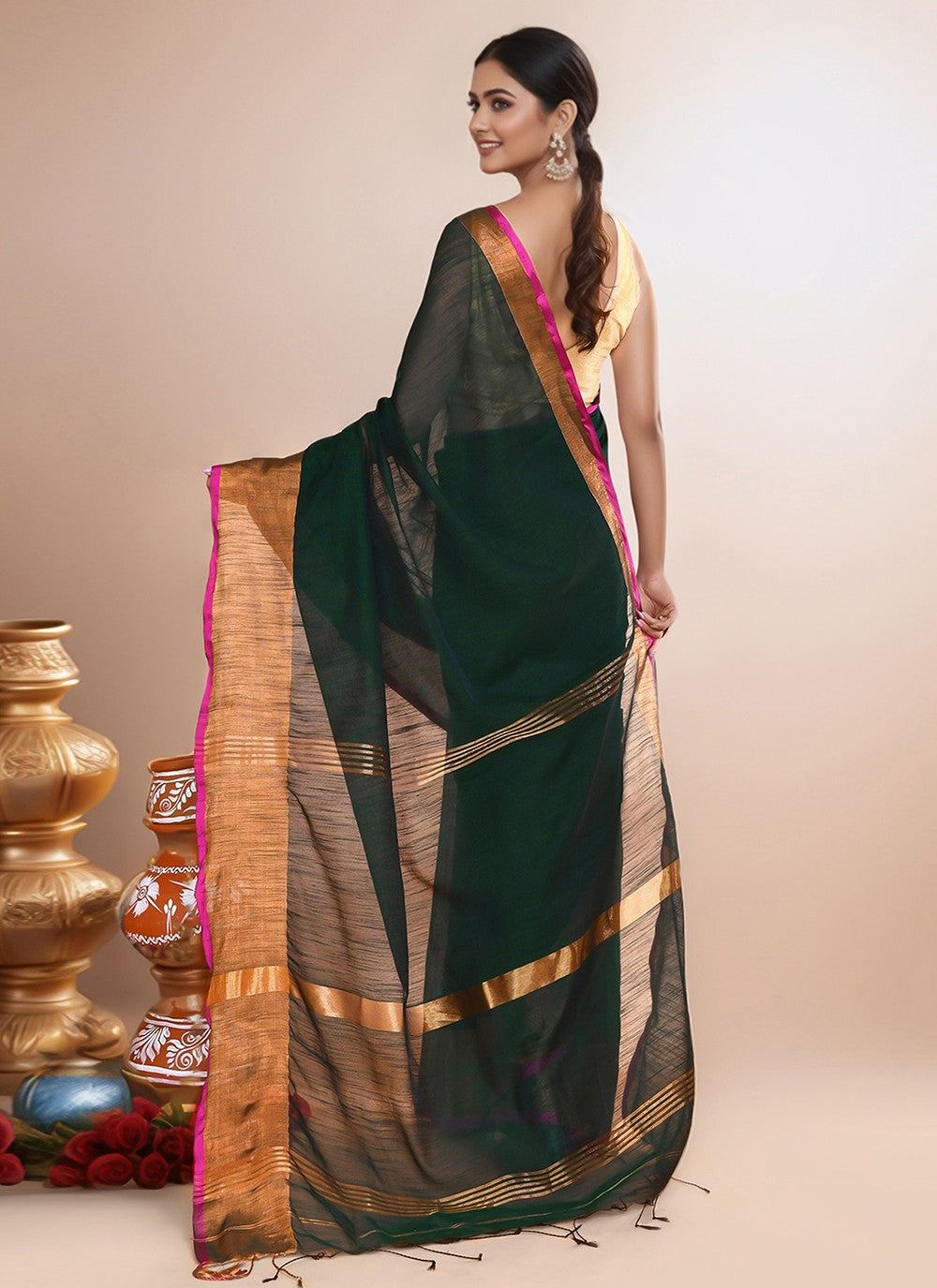 Green Blended Cotton Classic Saree Border Work S19995