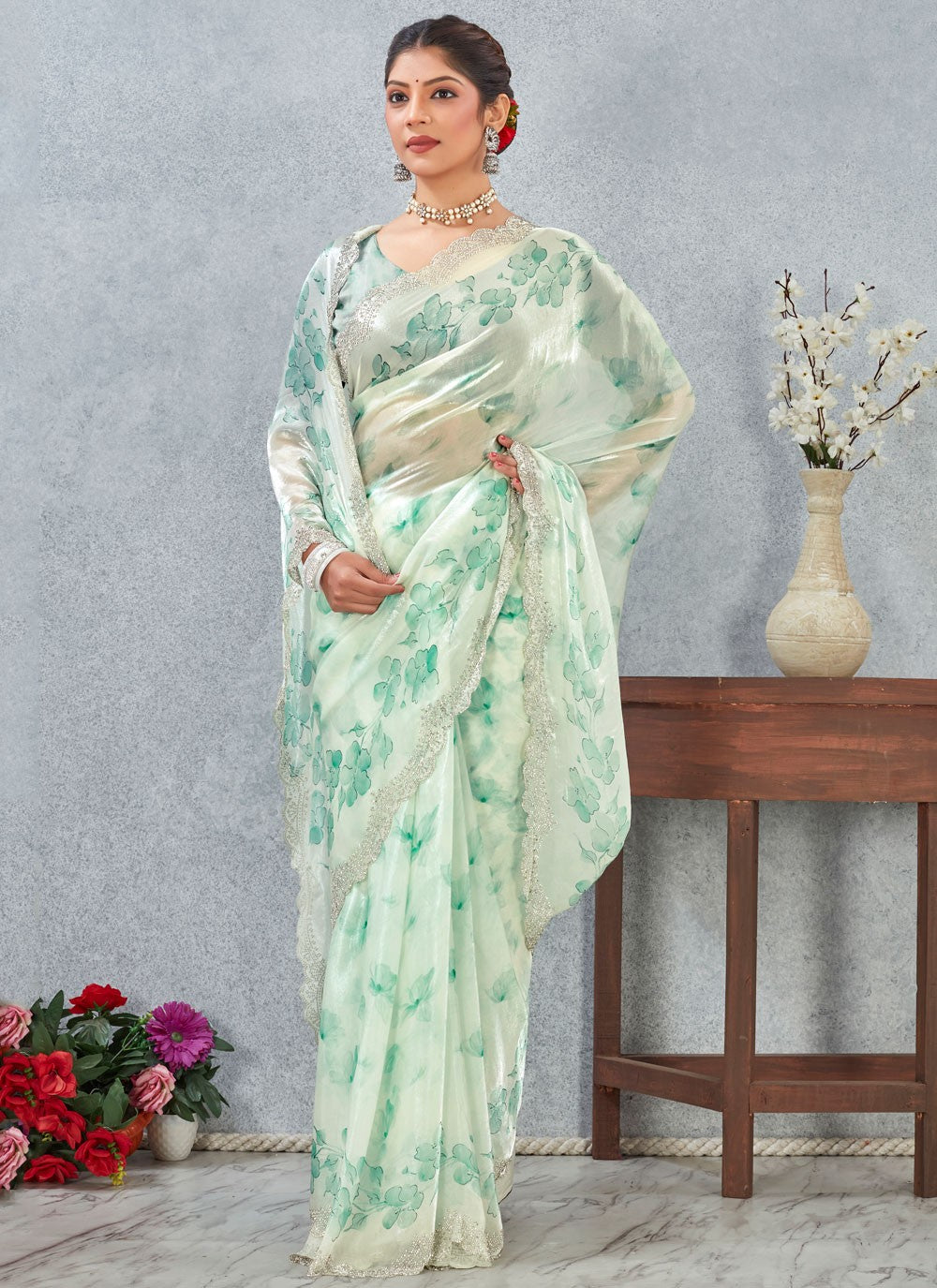 Green Satin Contemporary Saree Digital Print S20255