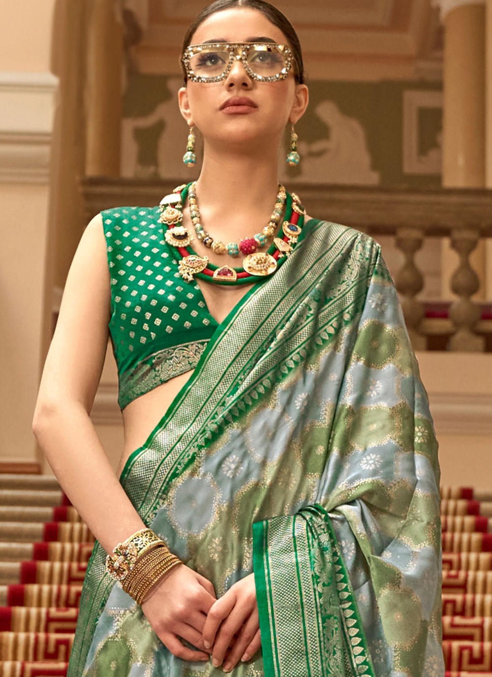 Green Satin Designer Saree Printed, Weaving Zari S18287