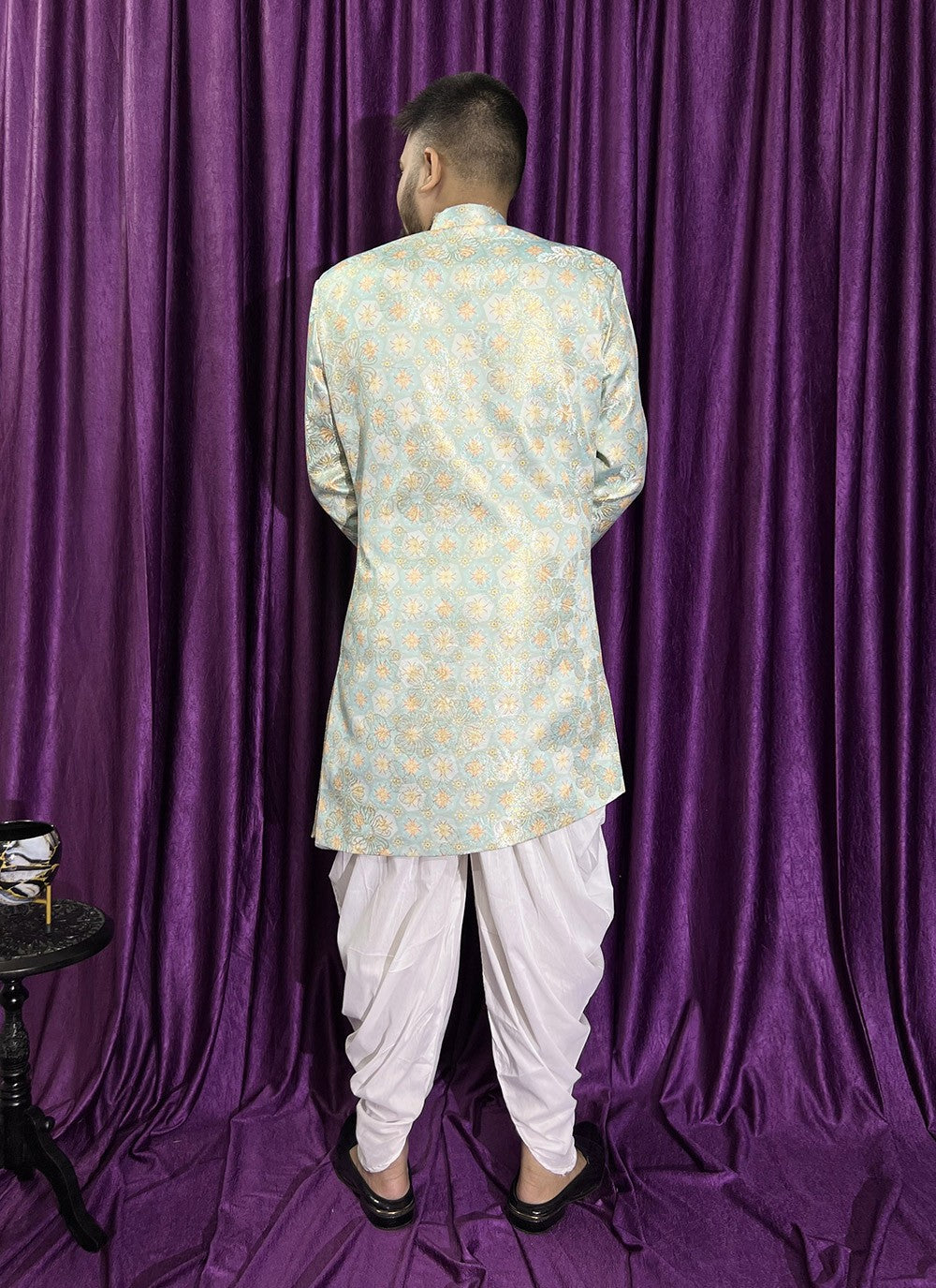 Fancy Work Jacquard Green Indo Western - M5678