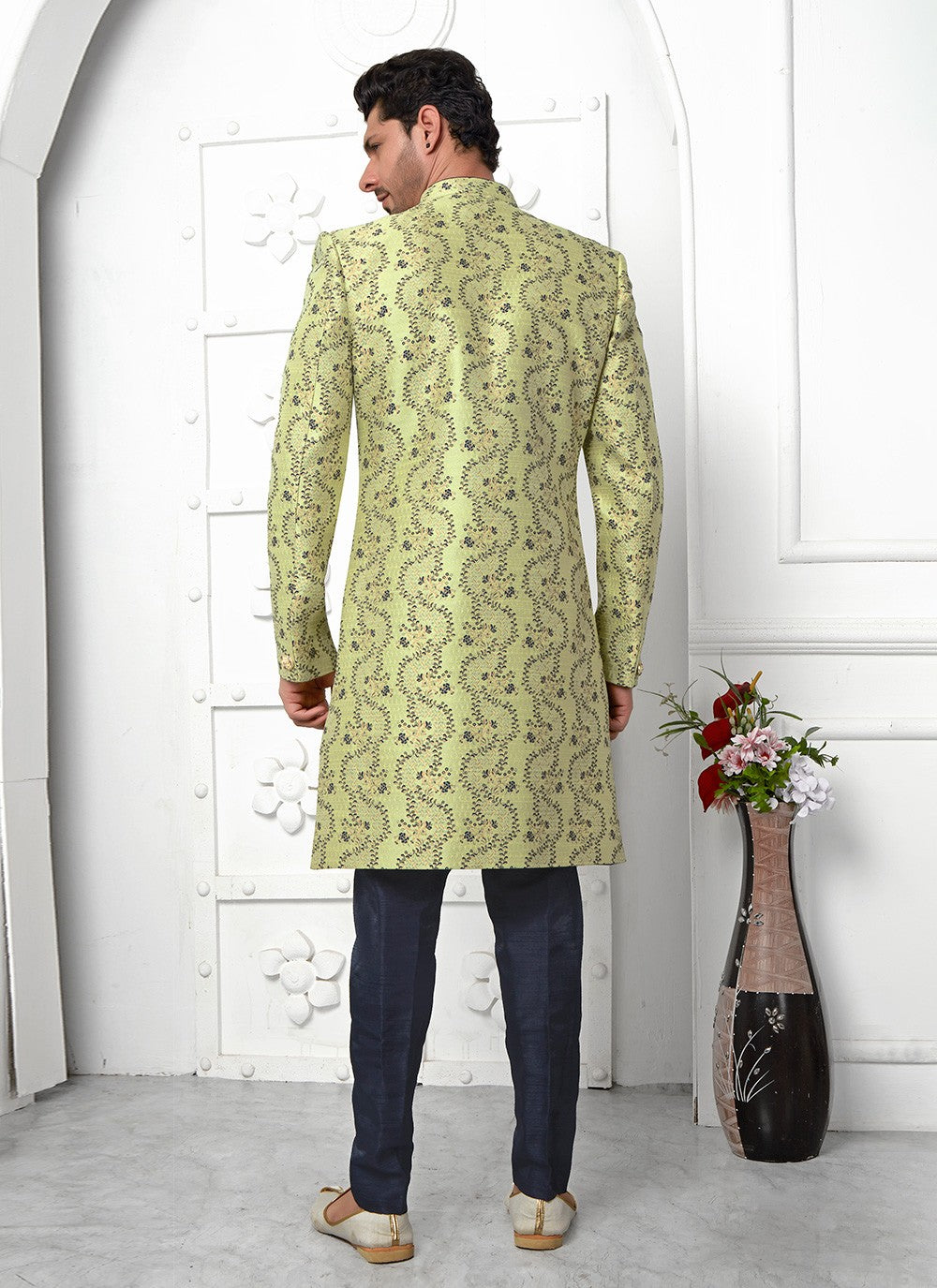 Fancy Work Jacquard Silk Green Indo Western - M6613