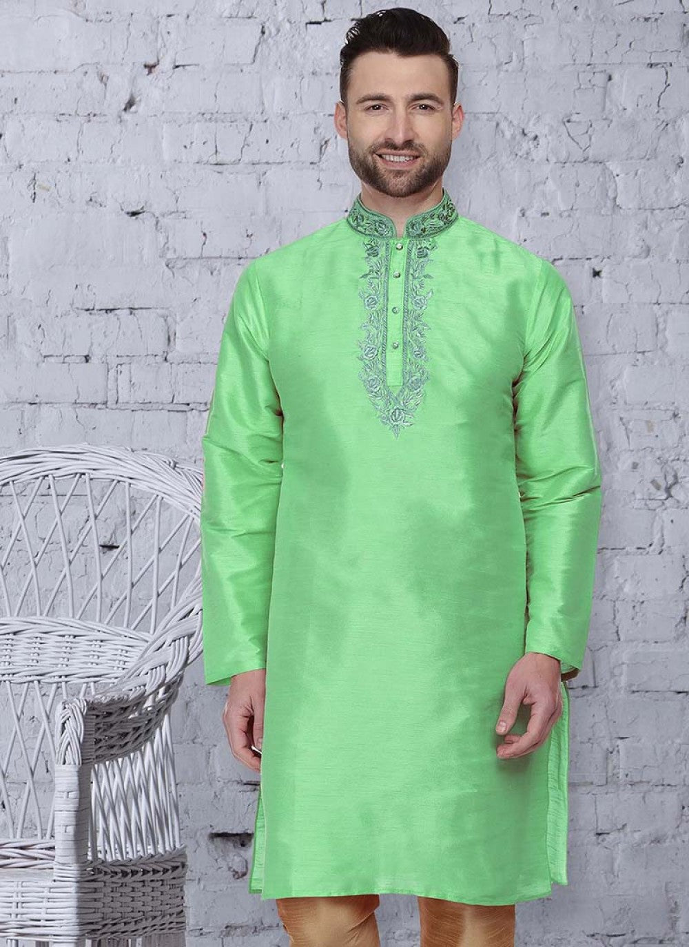 Embroidered Art Dupion Silk Green Kurta - M1520