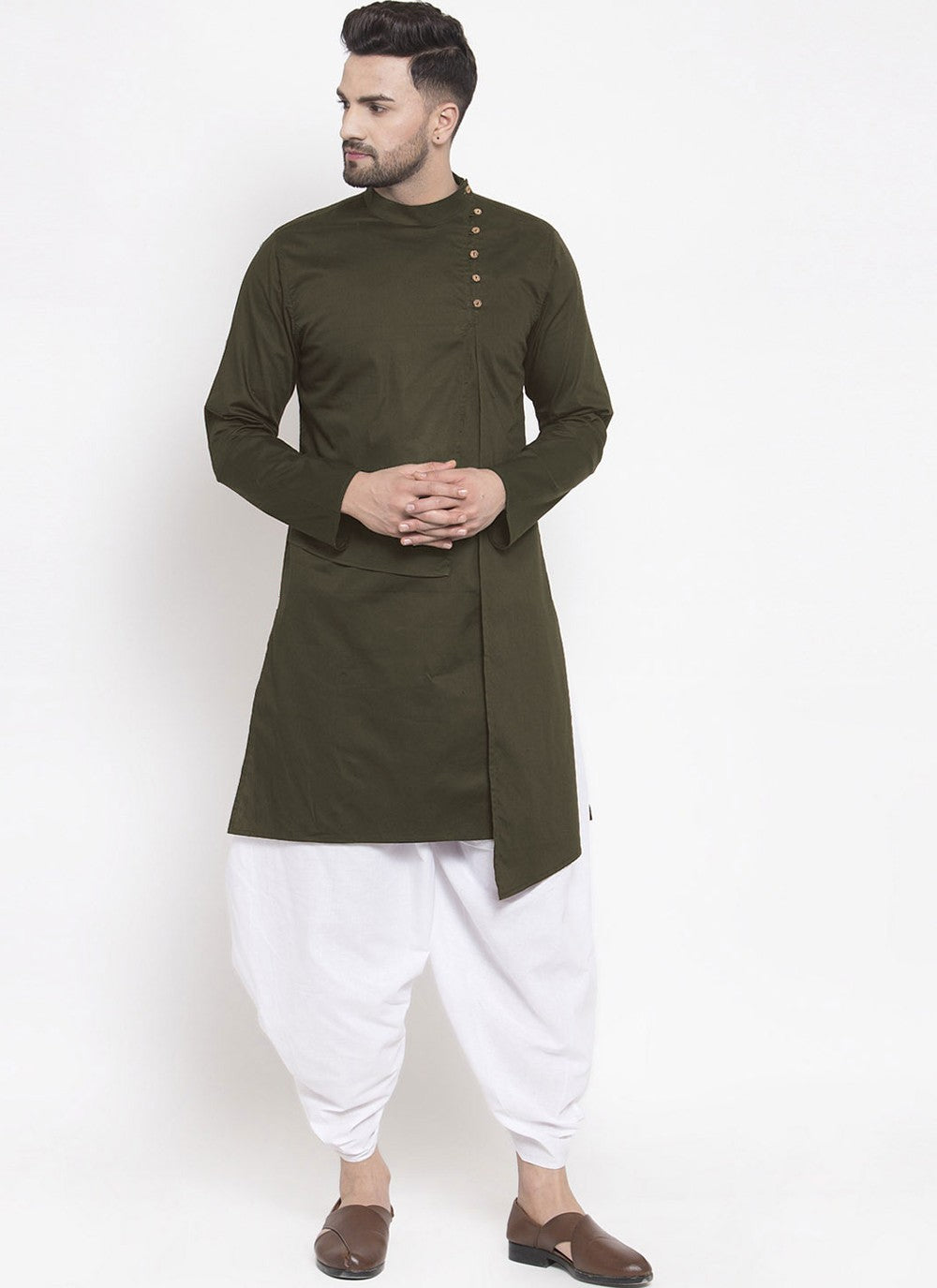 Buttons Blended Cotton Green Kurta - M4559