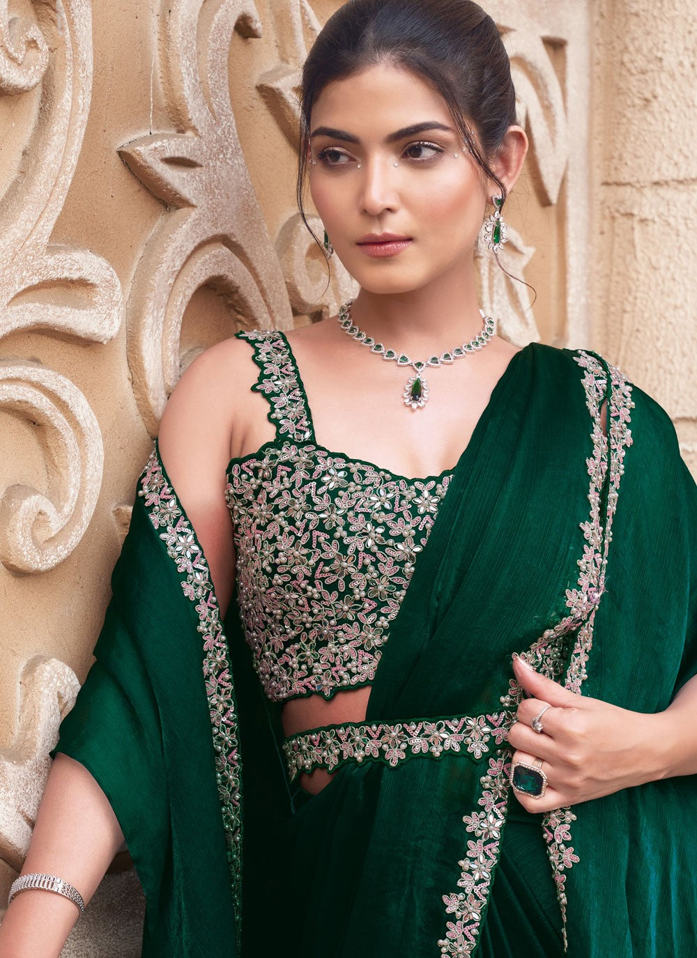 Fancy Work Chiffon Green Saree S14519