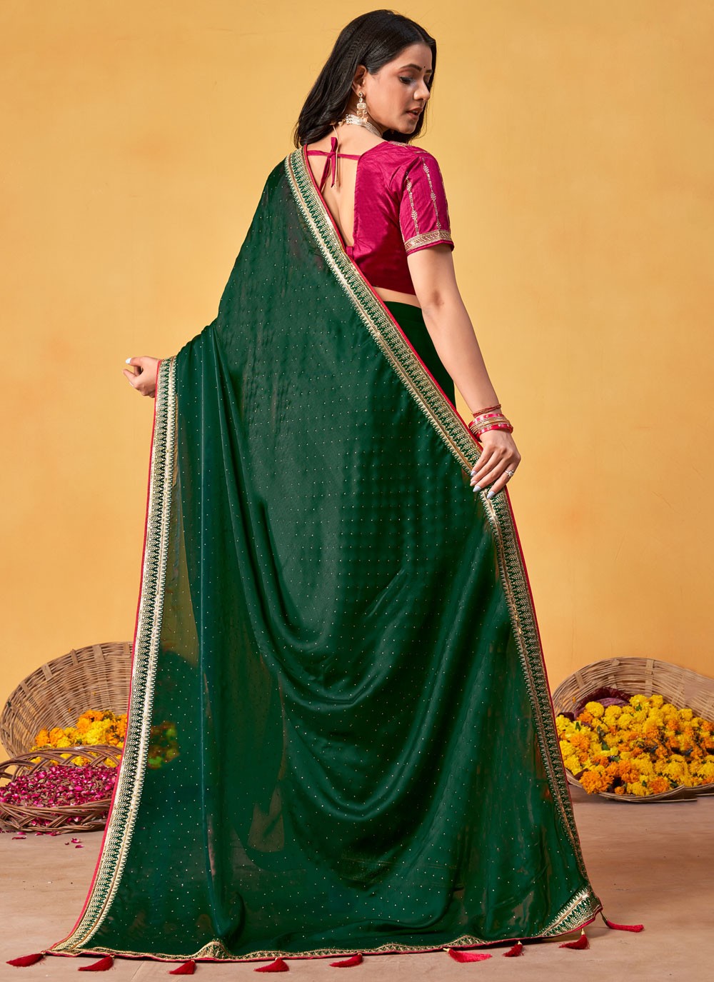 Contemporary Border Work Green Rangoli Saree S12686