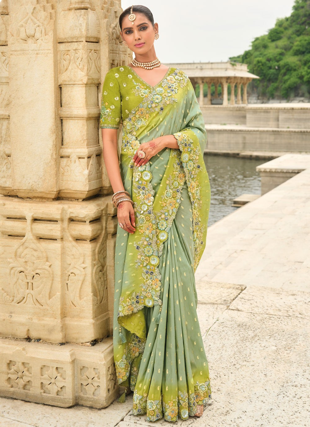 Designer Buttis Green Silk Saree S13030