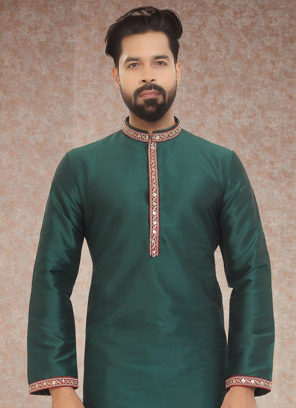 Embroidered Dupion Silk Green Kurta Pyjama - M3343