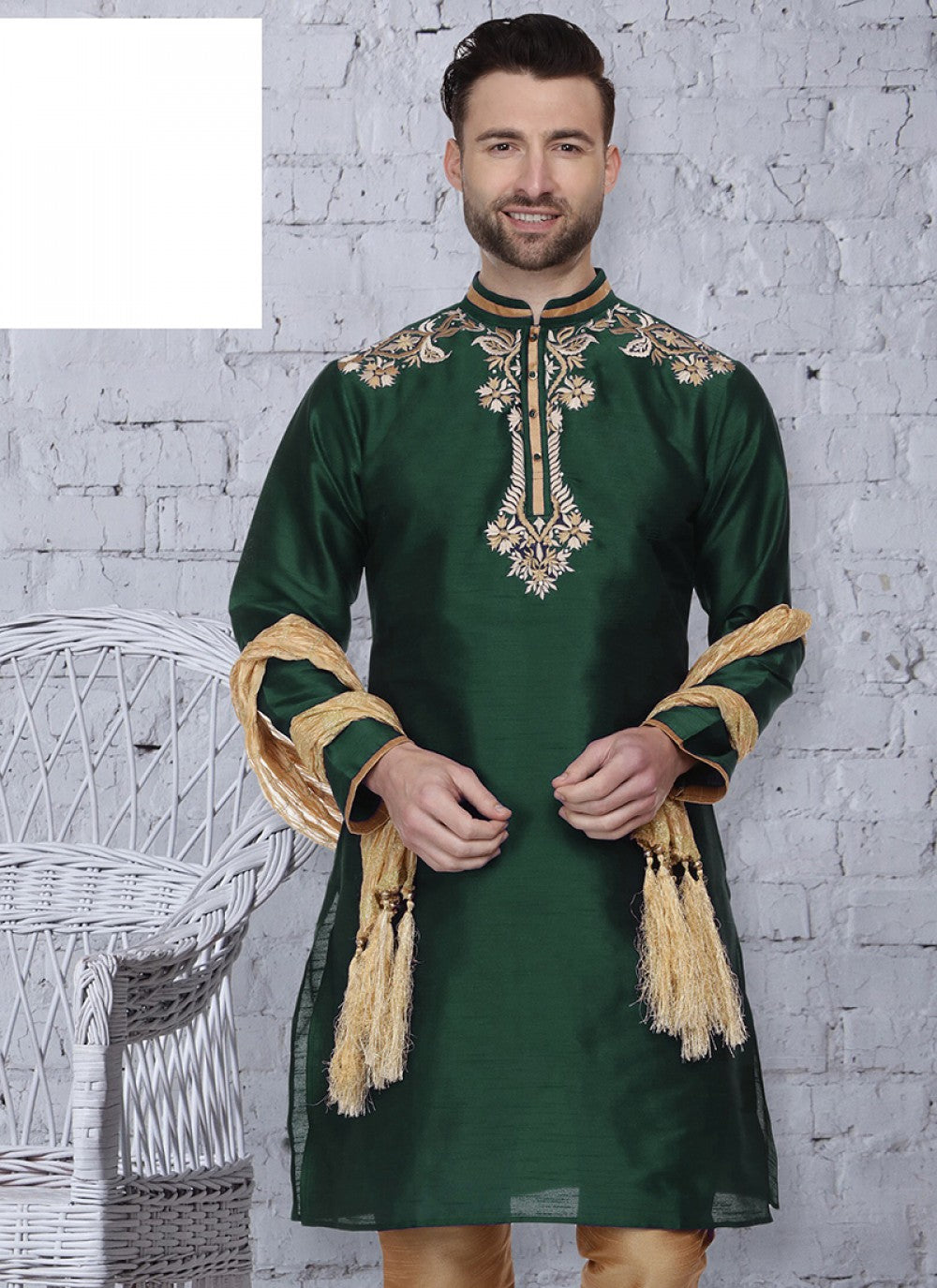 Embroidered Art Dupion Silk Green Kurta - M1468