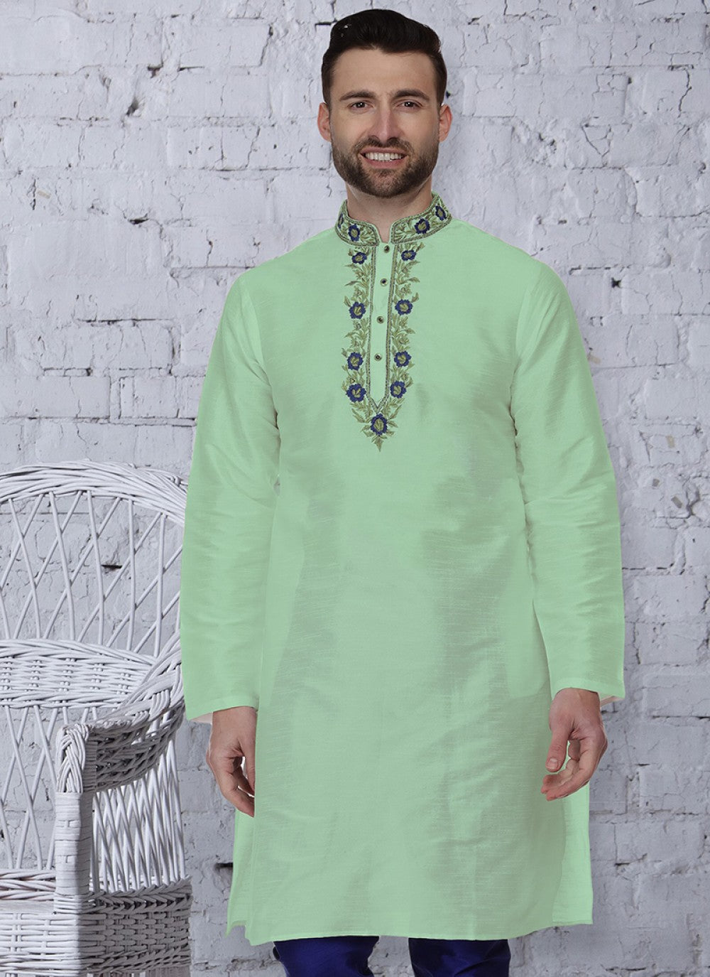 Embroidered Art Dupion Silk Green Kurta - M1458
