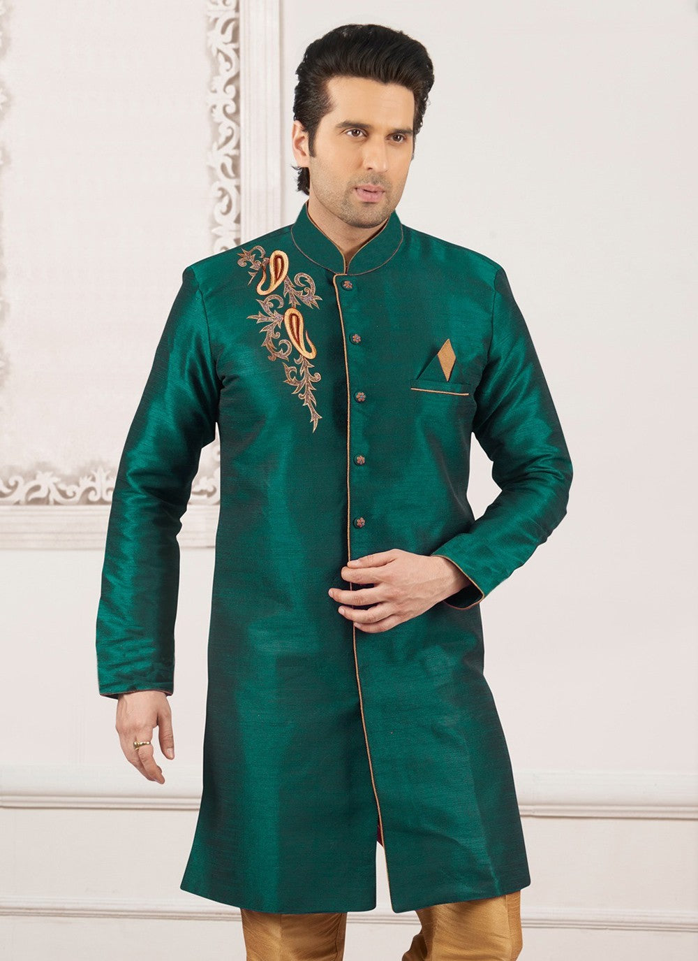 Embroidered Dupion Silk Green Kurta - M6302