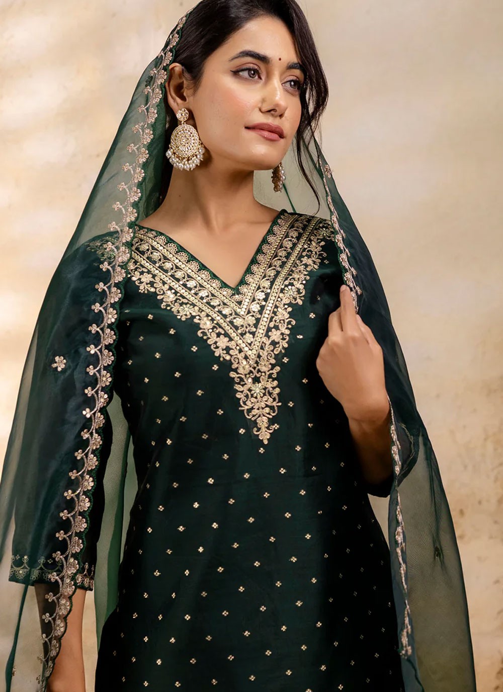 Pant Style Suit Embroidered, Sequins, Zari Green T6847
