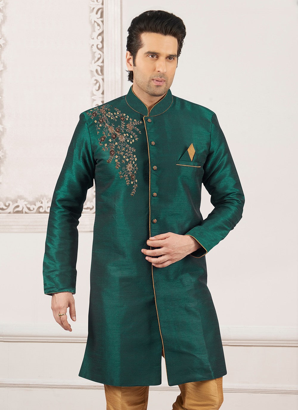 Embroidered Dupion Silk Green Kurta - M6288