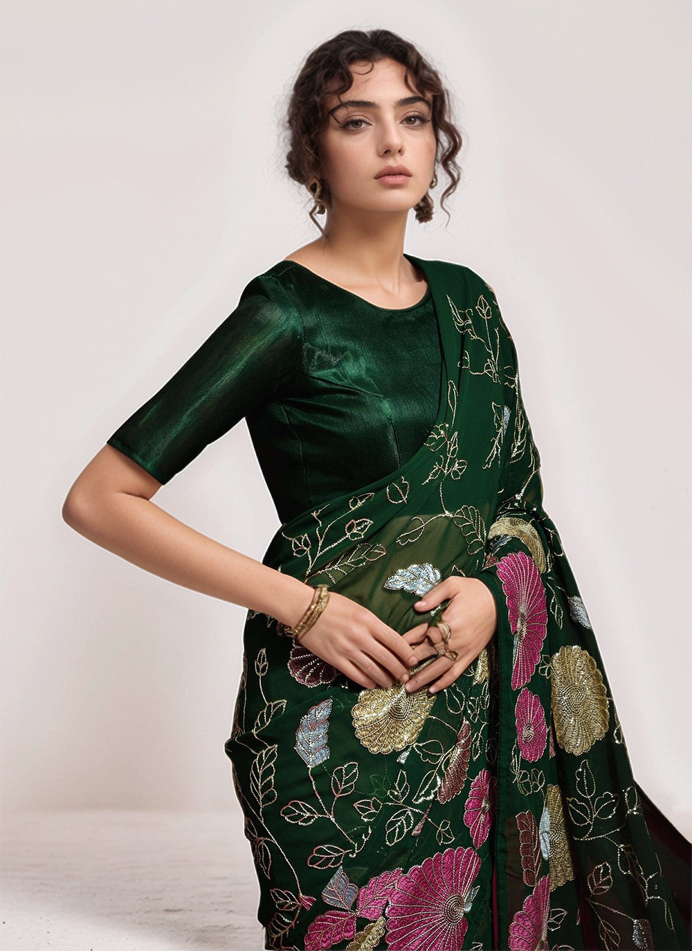 Green Georgette Classic Saree Embroidered, Sequins, Thread S15800