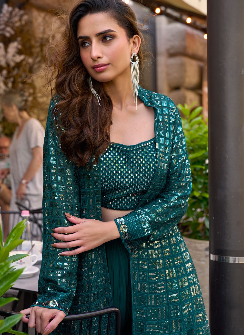 Palazzo Suit Embroidered, Sequins Green T8502