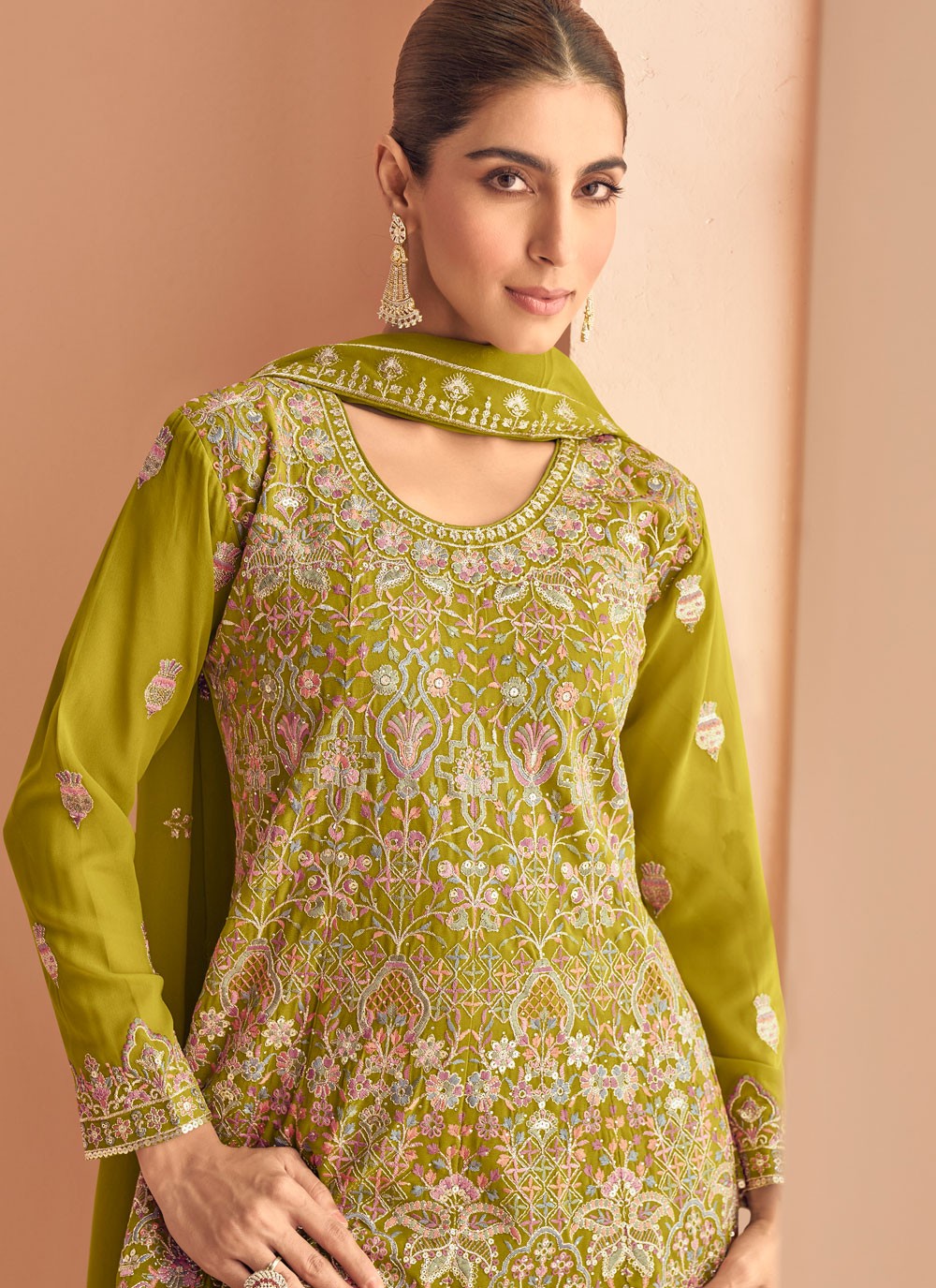 Palazzo Suit Embroidered Green T8353