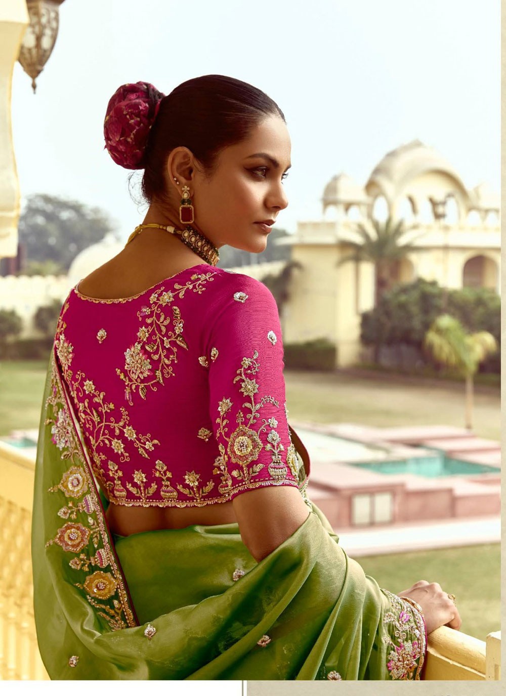 Embroidered Fancy Fabric Green Saree S14391